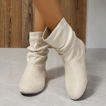 Ženske slip-on suede čizme, zaobljena okrugla nosnica, ravni potpetica, niski šev