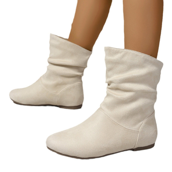 Ženske slip-on suede čizme, zaobljena okrugla nosnica, ravni potpetica, niski šev