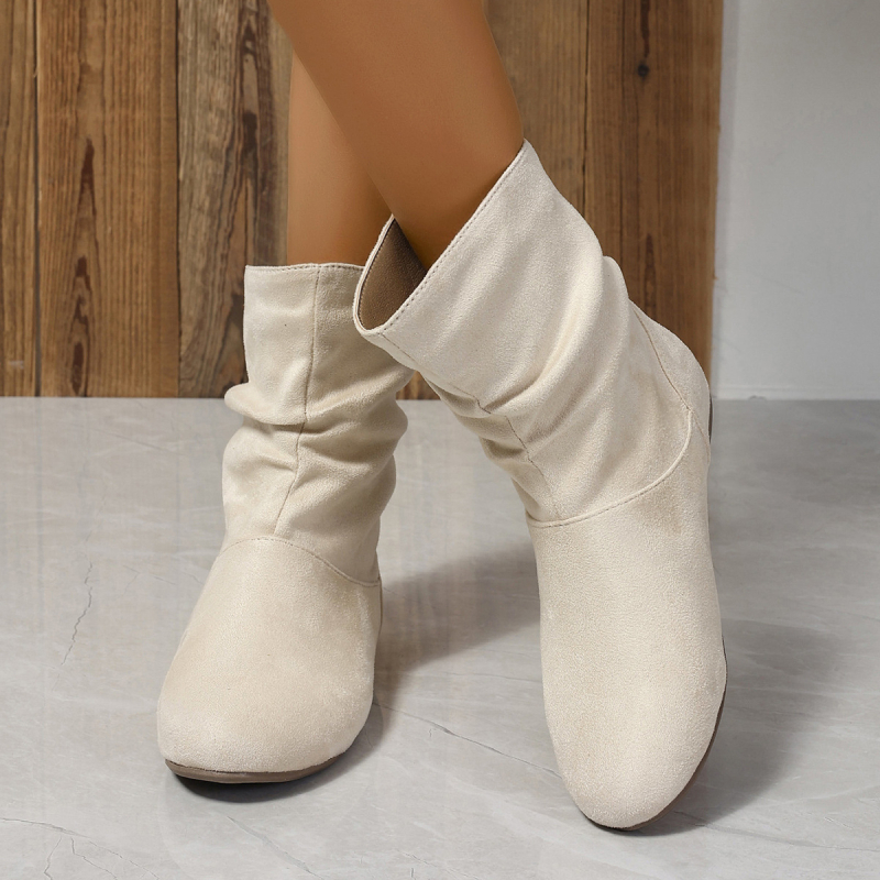 Ženske slip-on suede čizme, zaobljena okrugla nosnica, ravni potpetica, niski šev