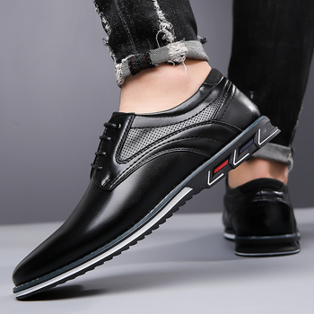 Pantofi casual pentru bărbați cu șireturi, partea superioară PU, talpă din cauciuc, vârf rotund, toc mic în formă de pană, branț din piele sintetică