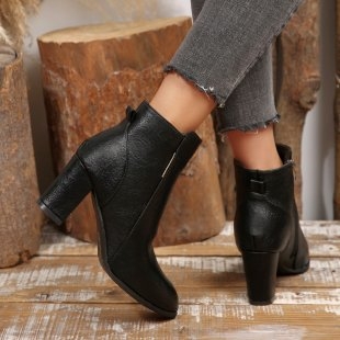 Γυναικεία μοδάτα μποτάκια με μυτερό δάχτυλο, χοντρό τακούνι, πλαϊνό φερμουάρ, χαμηλό ύψος, PU επάνω μέρος, καουτσούκ σόλα για φθινοπωρινό-χειμωνιάτικο