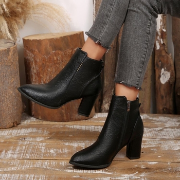 Γυναικεία μοδάτα μποτάκια με μυτερό δάχτυλο, χοντρό τακούνι, πλαϊνό φερμουάρ, χαμηλό ύψος, PU επάνω μέρος, καουτσούκ σόλα για φθινοπωρινό-χειμωνιάτικο