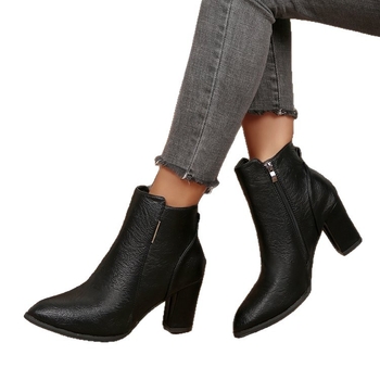 Γυναικεία μοδάτα μποτάκια με μυτερό δάχτυλο, χοντρό τακούνι, πλαϊνό φερμουάρ, χαμηλό ύψος, PU επάνω μέρος, καουτσούκ σόλα για φθινοπωρινό-χειμωνιάτικο