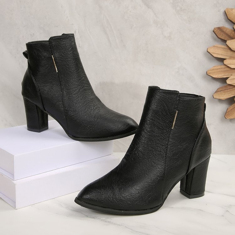 Γυναικεία μοδάτα μποτάκια με μυτερό δάχτυλο, χοντρό τακούνι, πλαϊνό φερμουάρ, χαμηλό ύψος, PU επάνω μέρος, καουτσούκ σόλα για φθινοπωρινό-χειμωνιάτικο