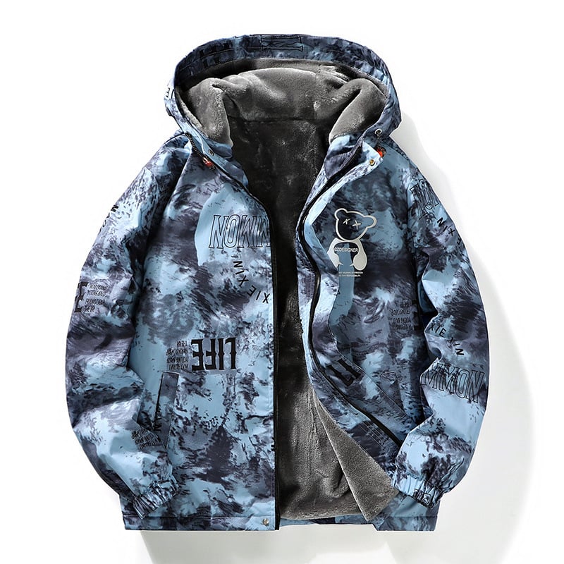 Férfi kapucnis fleecével bélelt dzseki laza szabású, cipzárral az elején, több zsebbel, tavasszal és ősszel viselhető.