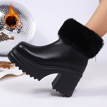 Női PU téli rövid csizma meleg plüss béléssel, hátoldali cipzár, gumi talp, vastag sarka 6–8 cm