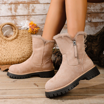 Ženske zimske čizme s velurom, gornji dio od velura, fleece podstava, gumeni potplat, bočni zatvarač, okrugla nosnica, ravna peta