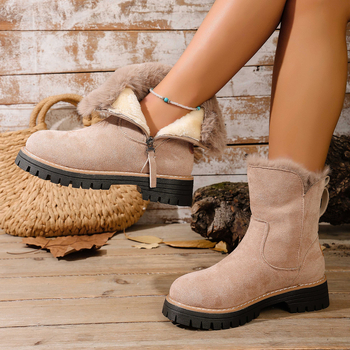 Ženske zimske čizme s velurom, gornji dio od velura, fleece podstava, gumeni potplat, bočni zatvarač, okrugla nosnica, ravna peta