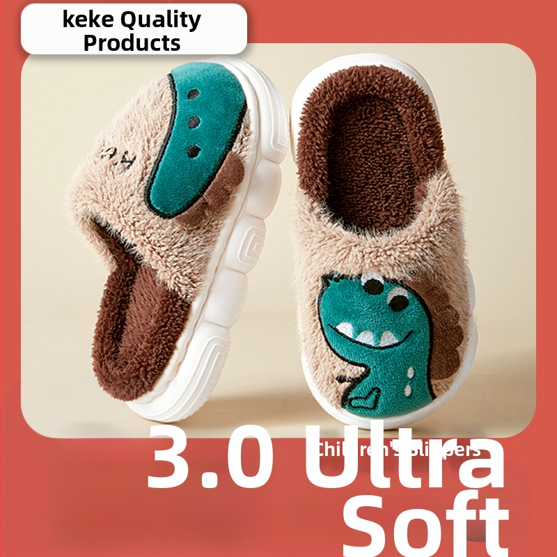 Vaikiškos vidaus šlepetės su karikatūrų raštu, koralinių velūro viršus, PVC padas, atsparios slydimui, skirtos 7–12 metų vaikams.