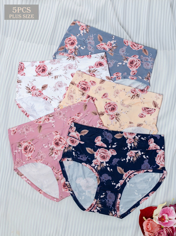 Moterų medvilninis aukšto juosmens apatinių komplektas su gėlių raštu, 5 vnt.
