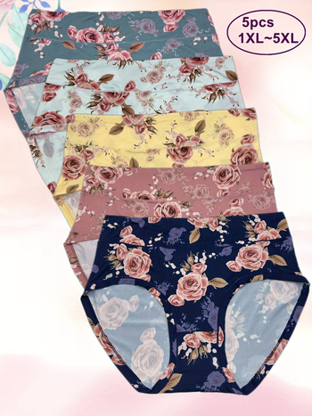 Moterų medvilninis aukšto juosmens apatinių komplektas su gėlių raštu, 5 vnt.