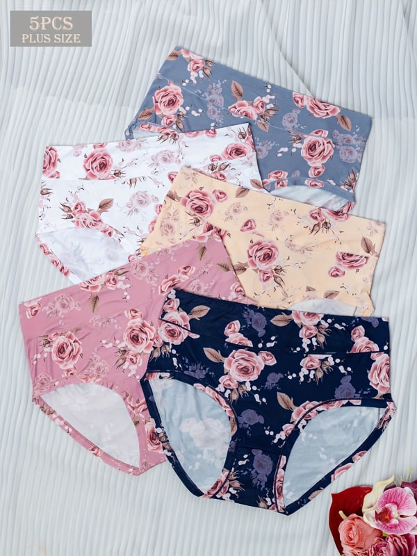 Moterų medvilninis aukšto juosmens apatinių komplektas su gėlių raštu, 5 vnt.