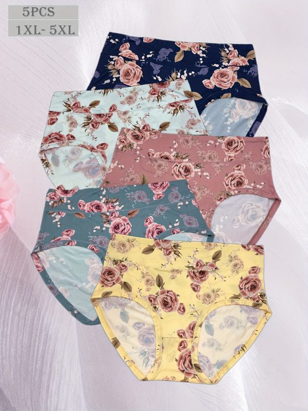 Moterų medvilninis aukšto juosmens apatinių komplektas su gėlių raštu, 5 vnt.