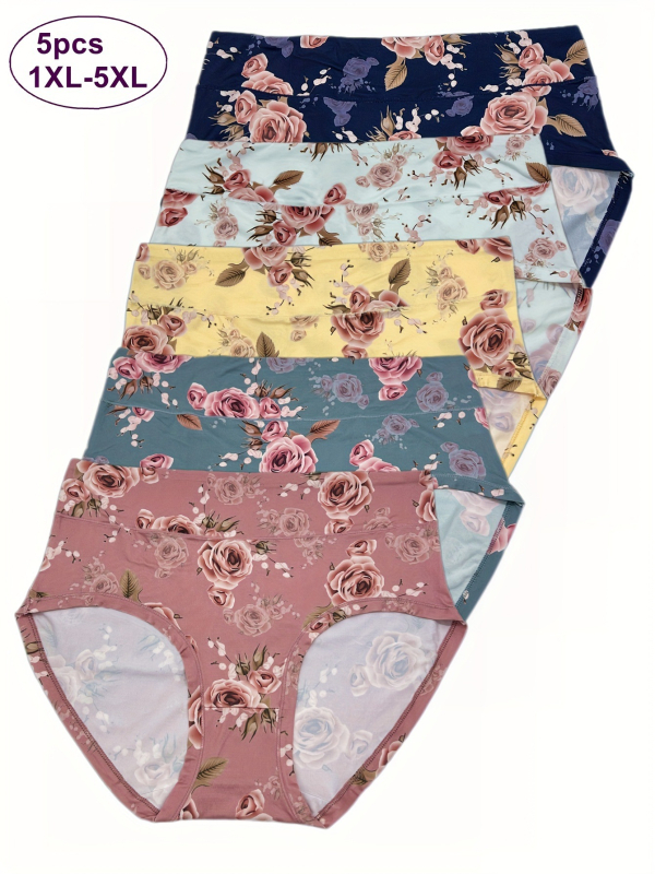 Moterų medvilninis aukšto juosmens apatinių komplektas su gėlių raštu, 5 vnt.