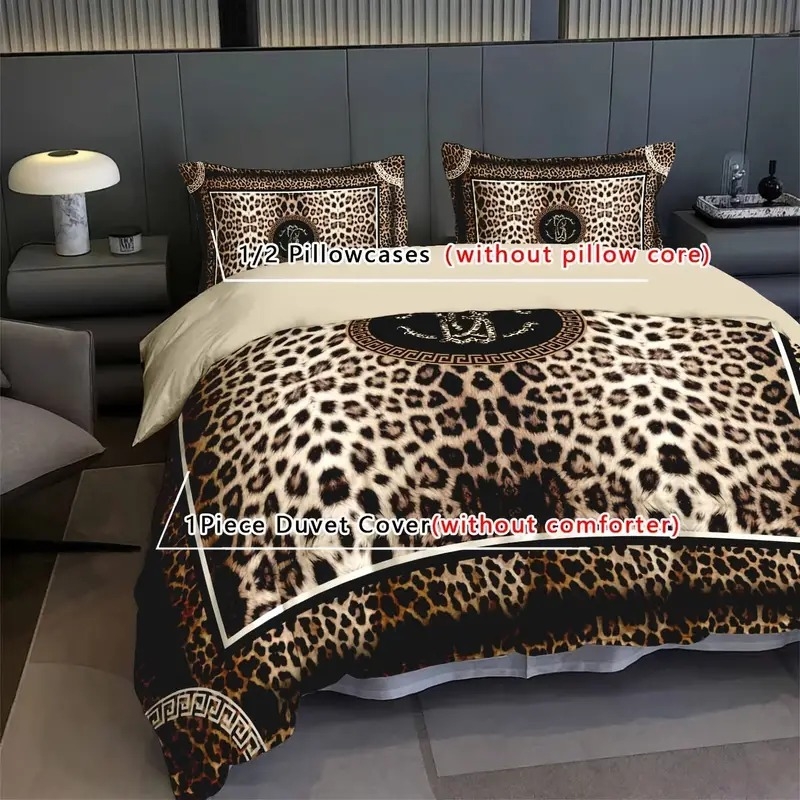 Leopardų atspaudų antklodės užvalkalų rinkinys, 3D HD skaitmeninė spauda, cheminiai pluoštai, trijų dalių rinkinys, pritaikomas