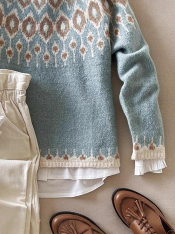 Svetr s háčkovaným kvetinovým vzorom, bavlnená zmes 80–90% bavlny, stredná hrúbka, okrúhly výstrih, dlhé rukávy, voľný každodenný štýl