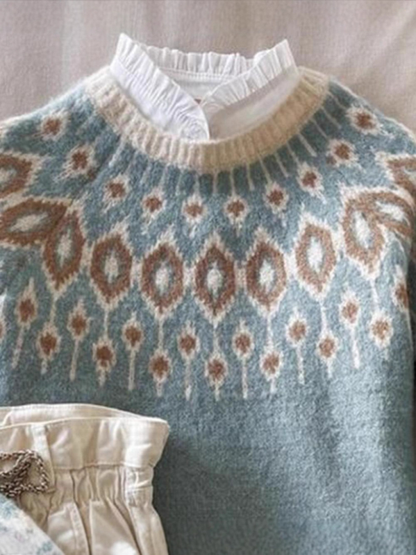 Svetr s háčkovaným kvetinovým vzorom, bavlnená zmes 80–90% bavlny, stredná hrúbka, okrúhly výstrih, dlhé rukávy, voľný každodenný štýl