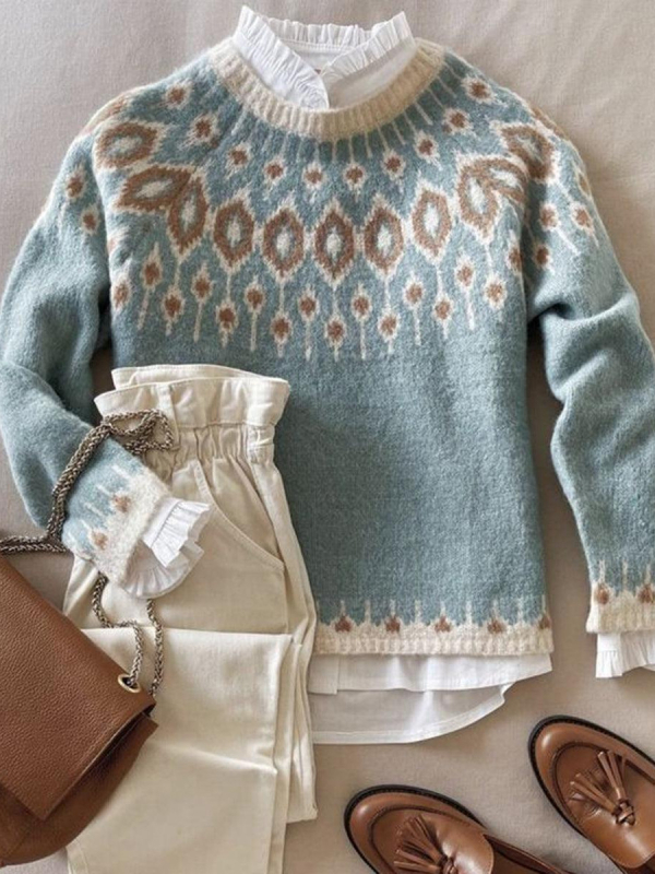 Svetr s háčkovaným kvetinovým vzorom, bavlnená zmes 80–90% bavlny, stredná hrúbka, okrúhly výstrih, dlhé rukávy, voľný každodenný štýl