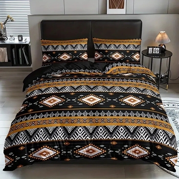 Bohemijos dryžių 3D HD spausdinimo antklodės užvalkalų rinkinys, 3 dalių, skaitmeninis spausdinimas, cheminiai pluoštai, šiuolaikinis minimalistinis stilius