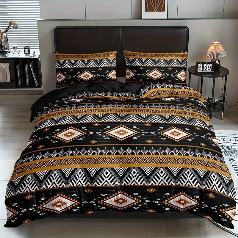 Bohemijos dryžių 3D HD spausdinimo antklodės užvalkalų rinkinys, 3 dalių, skaitmeninis spausdinimas, cheminiai pluoštai, šiuolaikinis minimalistinis stilius