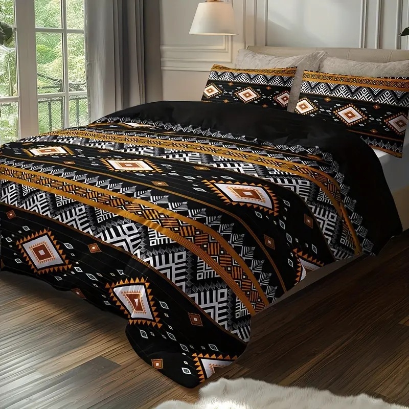 Bohemijos dryžių 3D HD spausdinimo antklodės užvalkalų rinkinys, 3 dalių, skaitmeninis spausdinimas, cheminiai pluoštai, šiuolaikinis minimalistinis stilius