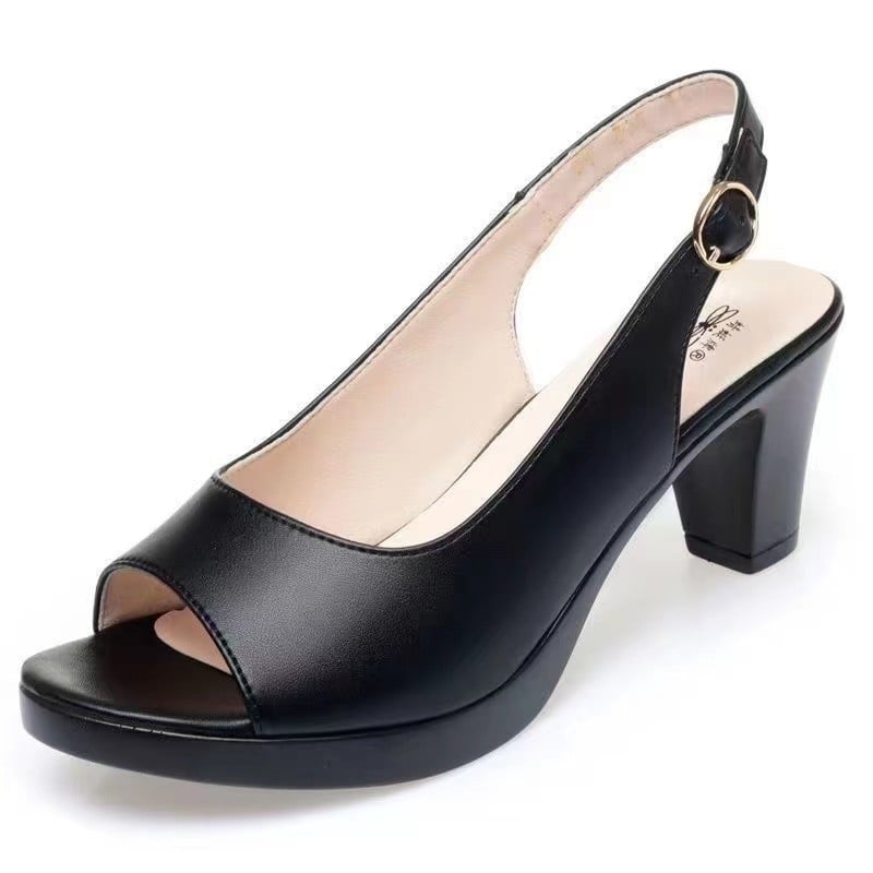 Platforminiai sandalai su atviru pirštu žuvies burnos forma, PU viršus, vidutinio aukščio kulnas, sagtis