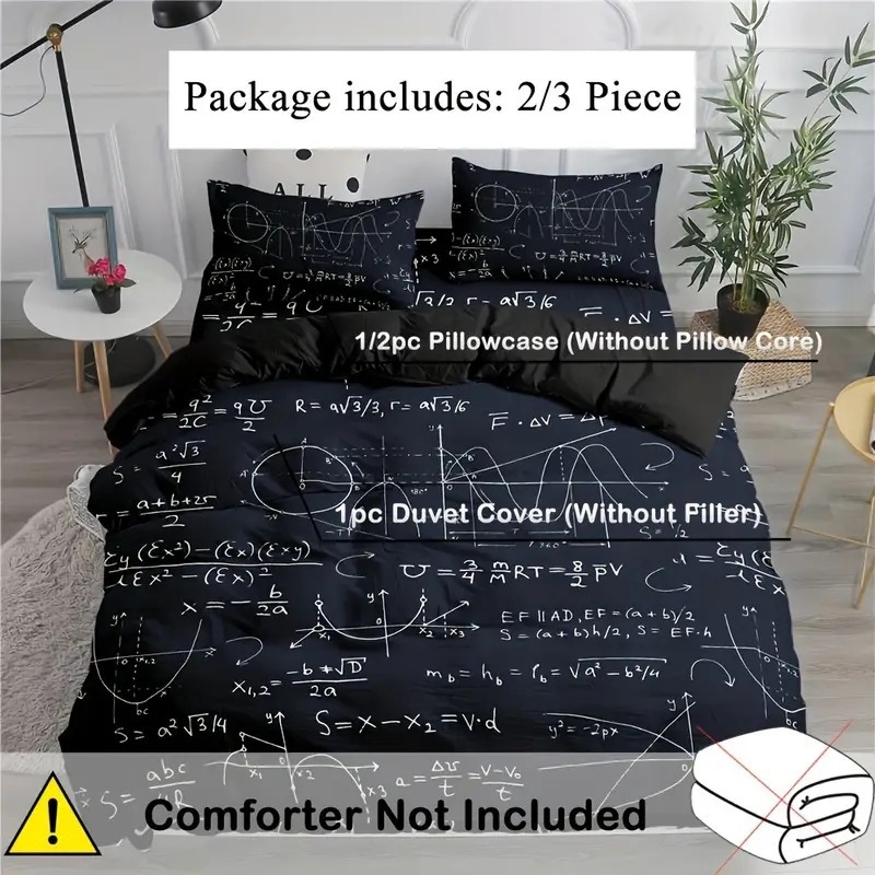 Lova užvalkų komplektas su skaitmenine matematinių formulių spauda, cheminis pluoštas, 90 GSM, princės stilius, trijų dalių patalynė