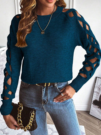 Pulover tricotat din acril pentru femei, guler rotund, mâneci lungi, croială lejeră, imprimeu monocrom