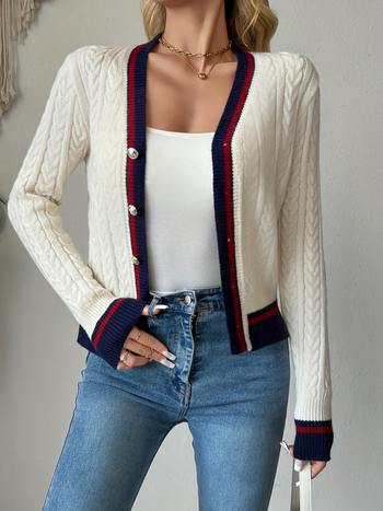 Cardigan džemper s motivom color-block, V-izrez, kopčanje u jednom redu, poliester 95%+