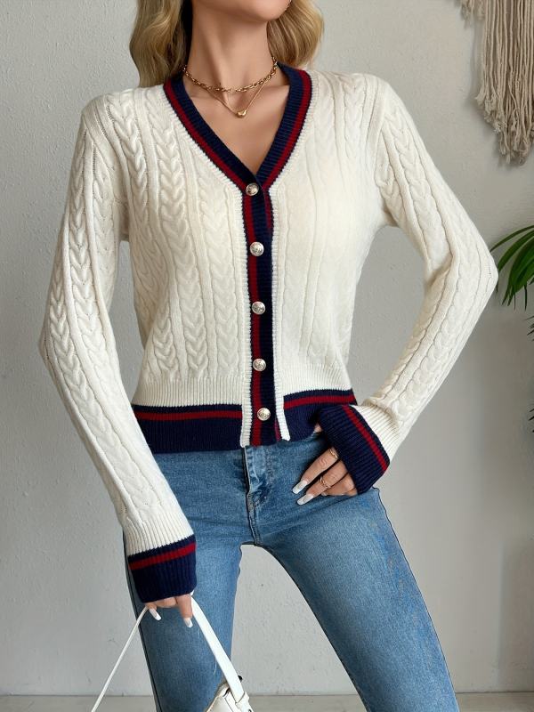 Cardigan džemper s motivom color-block, V-izrez, kopčanje u jednom redu, poliester 95%+