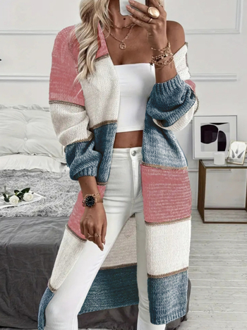 Кардиган с цветово блокирана шарка, полиестерна плетка, отворена яка, падащи рамене, свободен силует