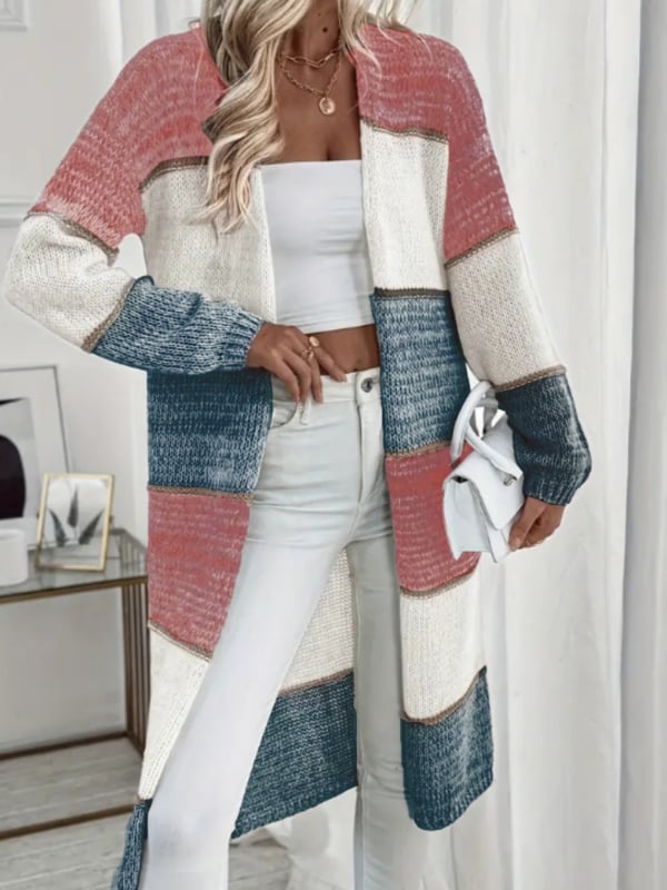 Кардиган с цветово блокирана шарка, полиестерна плетка, отворена яка, падащи рамене, свободен силует
