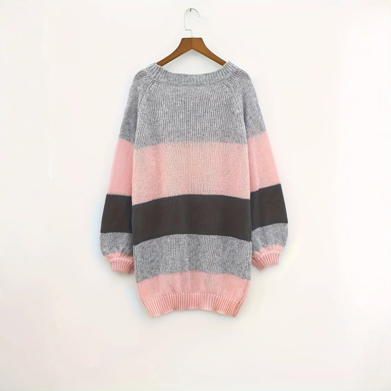 Damski pulover od viskoze, pleteni uzorak s dijelovima, okrugli izrez, dugi rukavi, labav kroj, proljeće 2025