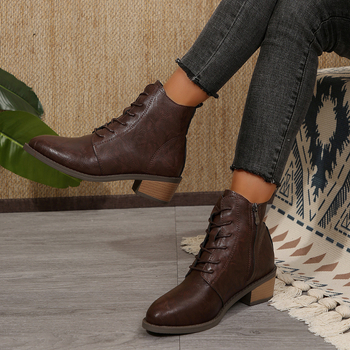 Ghete de gleznă pentru femei, fermoar lateral, stil retro, vârf ascuțit, toc gros mediu 3-5 cm
