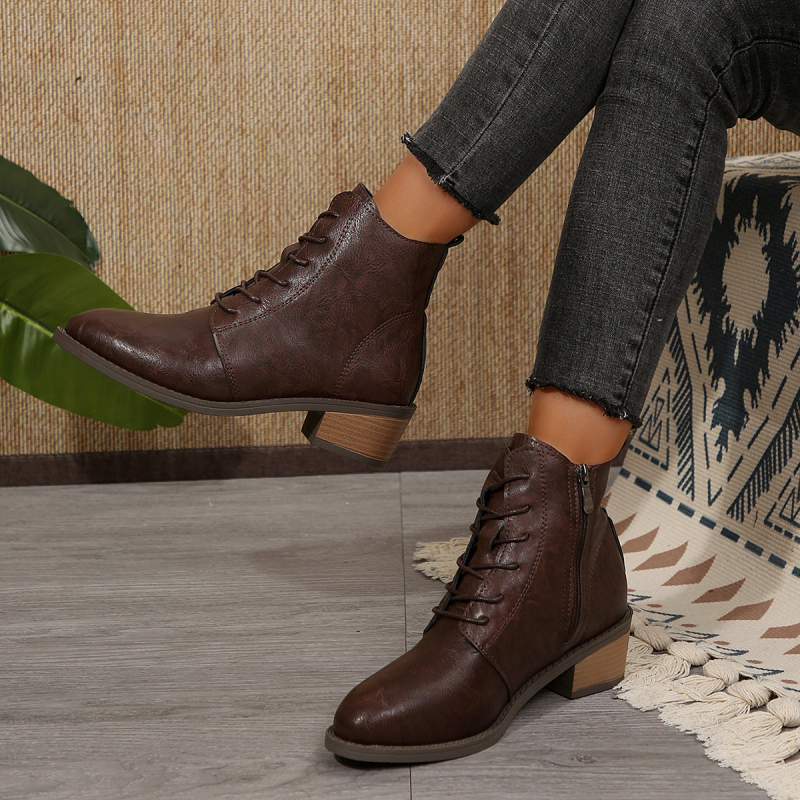 Ghete de gleznă pentru femei, fermoar lateral, stil retro, vârf ascuțit, toc gros mediu 3-5 cm