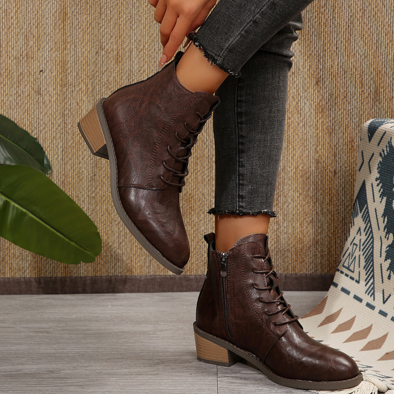 Ghete de gleznă pentru femei, fermoar lateral, stil retro, vârf ascuțit, toc gros mediu 3-5 cm