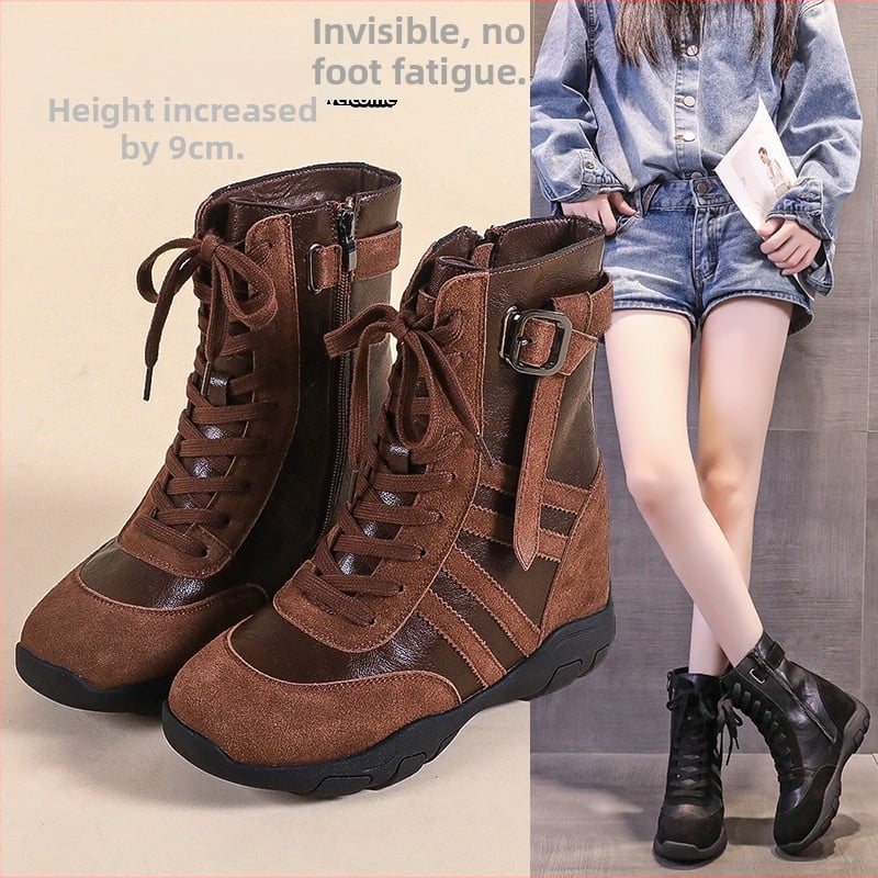 Ženske Martin čizme s unutarnjim povećanjem visine 9 cm, klinasti potpetica, do sredine potkoljenice, bočni zatvarač, nubuk gornji dio