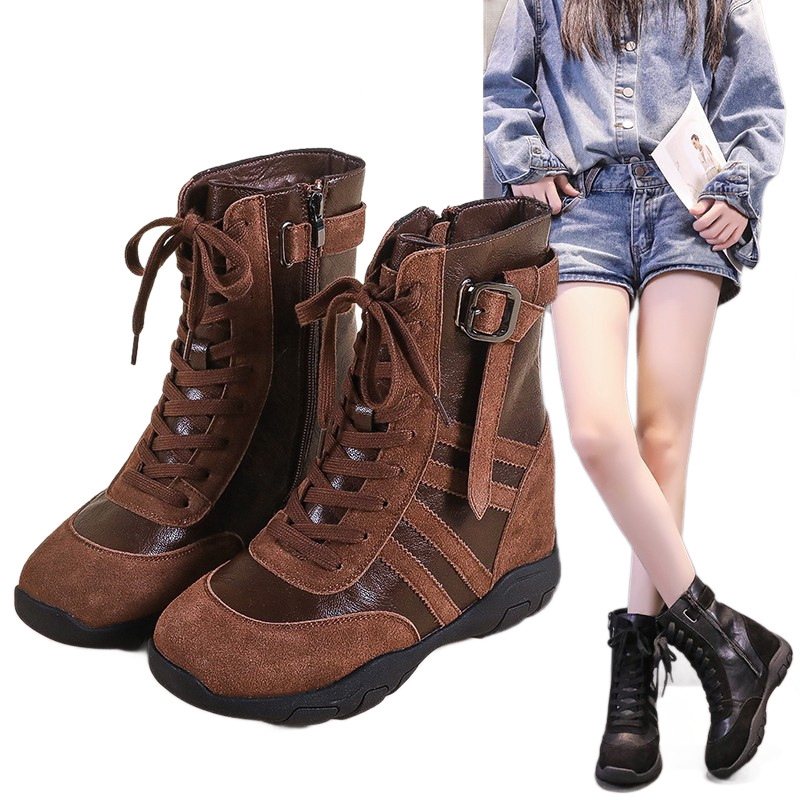 Ženske Martin čizme s unutarnjim povećanjem visine 9 cm, klinasti potpetica, do sredine potkoljenice, bočni zatvarač, nubuk gornji dio