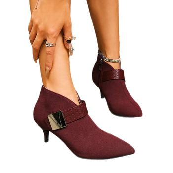 Cizme scurte în stil Martens pentru femei — vârf ascuțit, gleznă joasă, toc subțire 6–8 cm, fermoar pe lateral, PU pe exterior