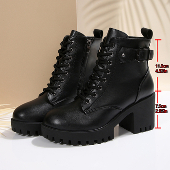 Botine de modă cu fermoar lateral, toc gros înalt 6–8 cm, gambă scurtă, PU partea superioară