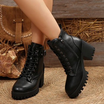 Botine de modă cu fermoar lateral, toc gros înalt 6–8 cm, gambă scurtă, PU partea superioară