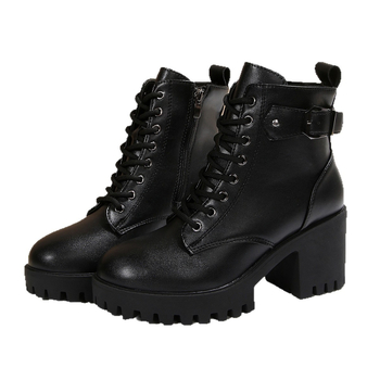 Botine de modă cu fermoar lateral, toc gros înalt 6–8 cm, gambă scurtă, PU partea superioară
