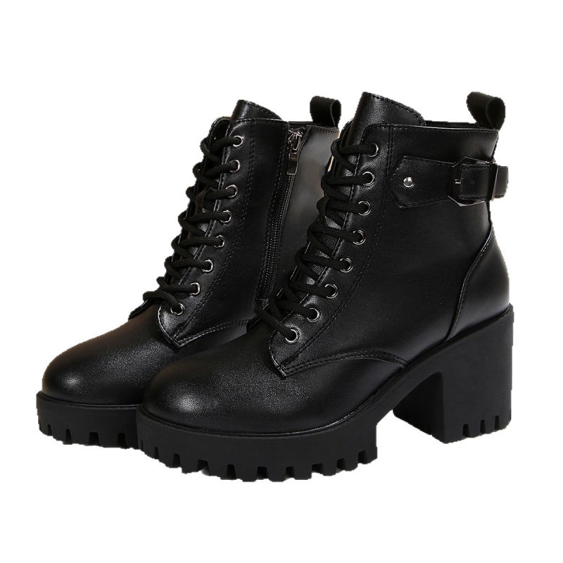 Botine de modă cu fermoar lateral, toc gros înalt 6–8 cm, gambă scurtă, PU partea superioară