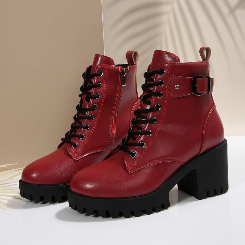 Botine de modă cu fermoar lateral, toc gros înalt 6–8 cm, gambă scurtă, PU partea superioară