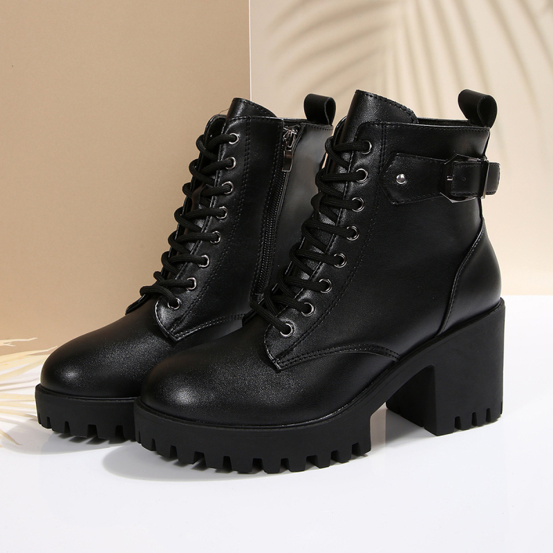 Botine de modă cu fermoar lateral, toc gros înalt 6–8 cm, gambă scurtă, PU partea superioară