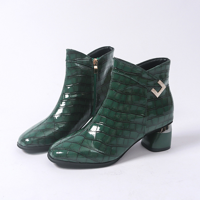 Botine de damă la modă cu partea superioară din PU, vârf rotund, toc gros, gleznă joasă