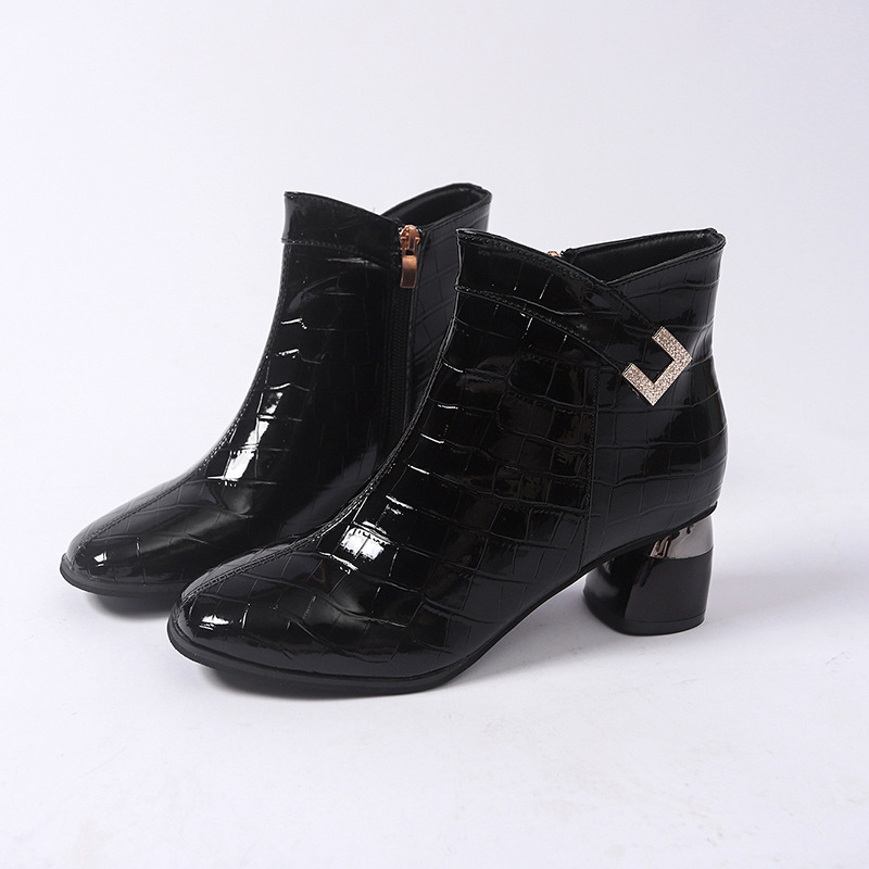 Botine de damă la modă cu partea superioară din PU, vârf rotund, toc gros, gleznă joasă