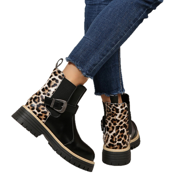 Ghete de gleznă cu imprimeu leopard, PU, vârf rotund, toc gros mediu 3-5 cm, slip-on