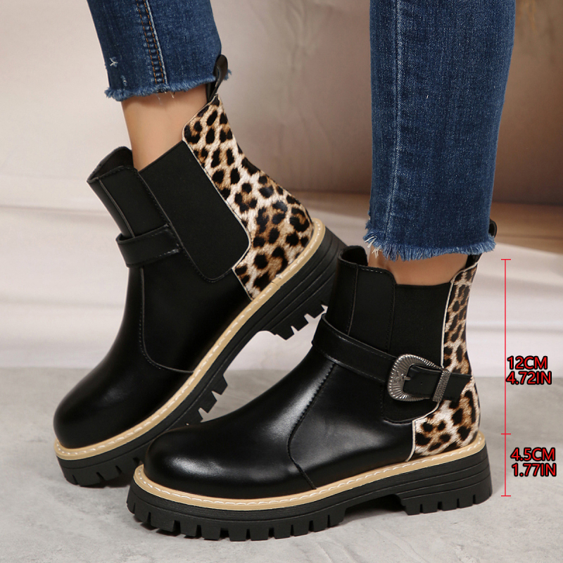 Ghete de gleznă cu imprimeu leopard, PU, vârf rotund, toc gros mediu 3-5 cm, slip-on