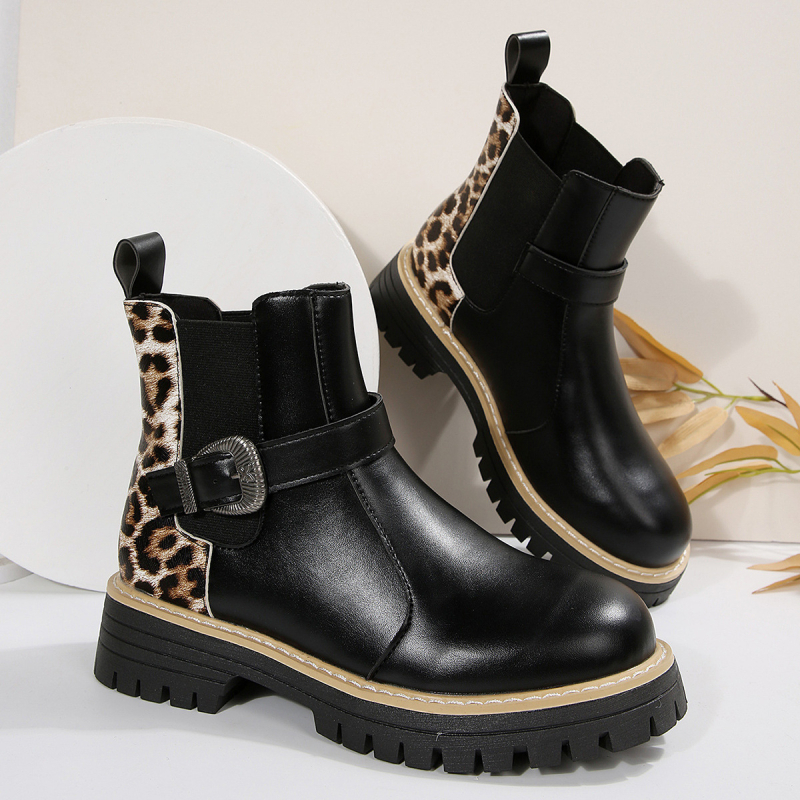 Ghete de gleznă cu imprimeu leopard, PU, vârf rotund, toc gros mediu 3-5 cm, slip-on